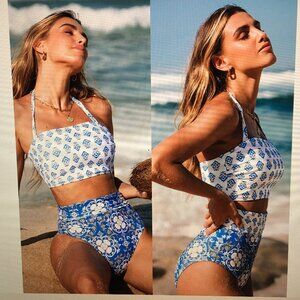 NWT Retro Patchwork Halterneck Bikini Top & High Waisted Bottoms Set Medium